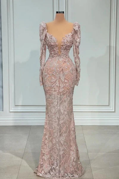 Pink V-neck Lace Mermaid Prom Dress Evening Gowns With Long Sleeves
