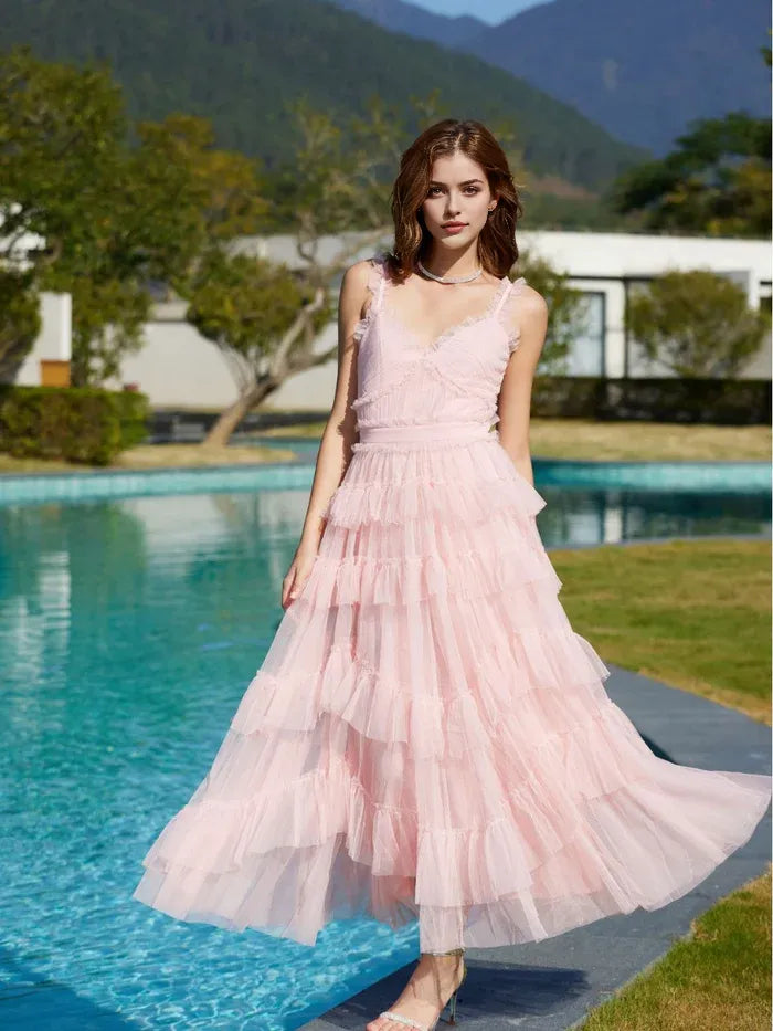Pink Sweet A Line V-Neck Straps High-Waist Tiered Long Prom Dress