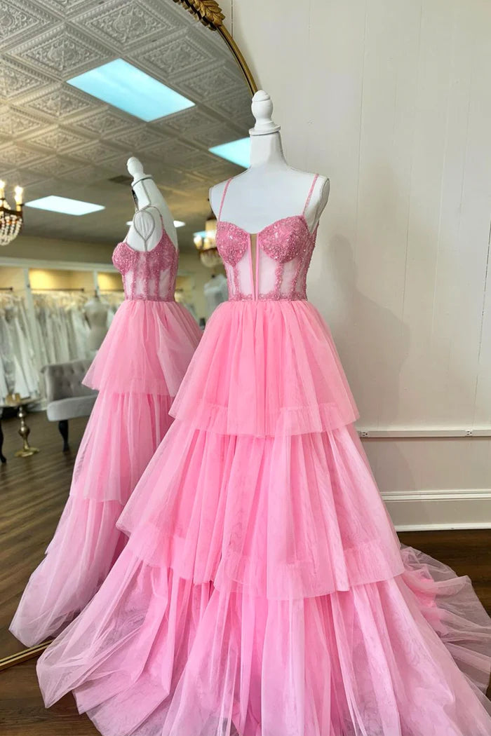 Pink Tulle Lace Long Prom Dress A-Line Spaghetti Strap Evening Party Dress