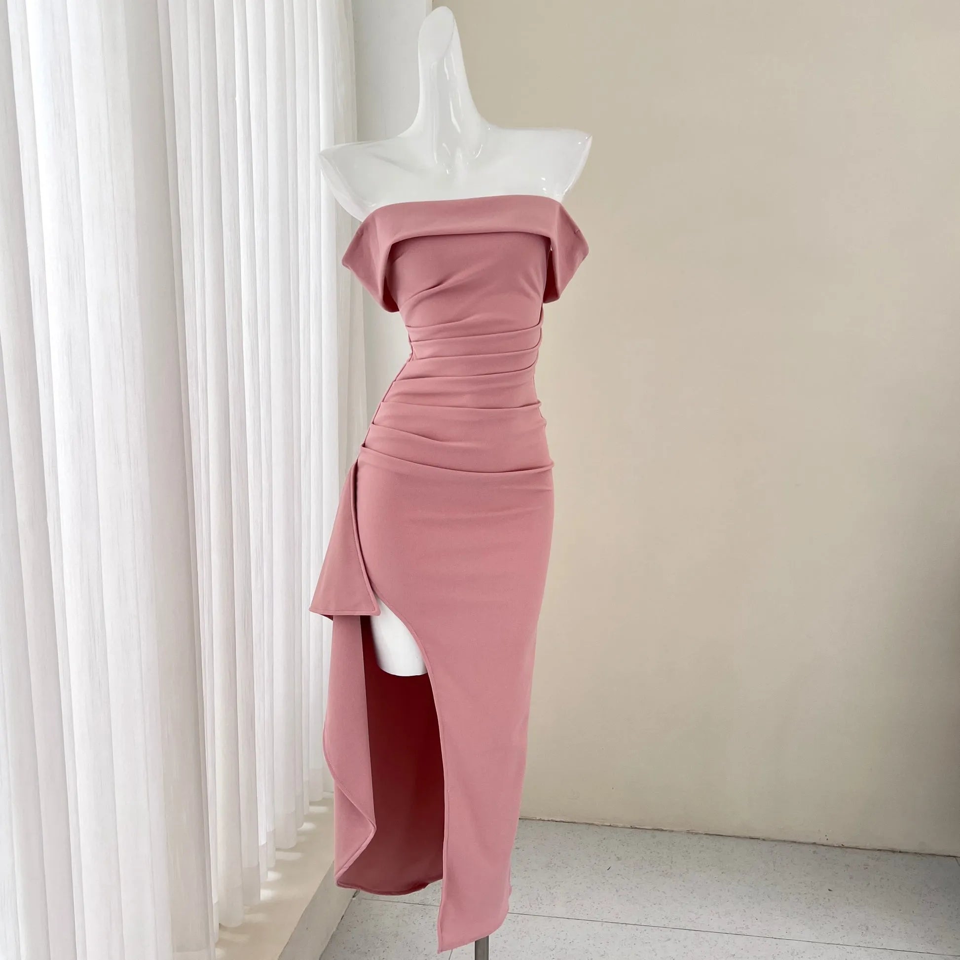Pink strapless slim dress party dress