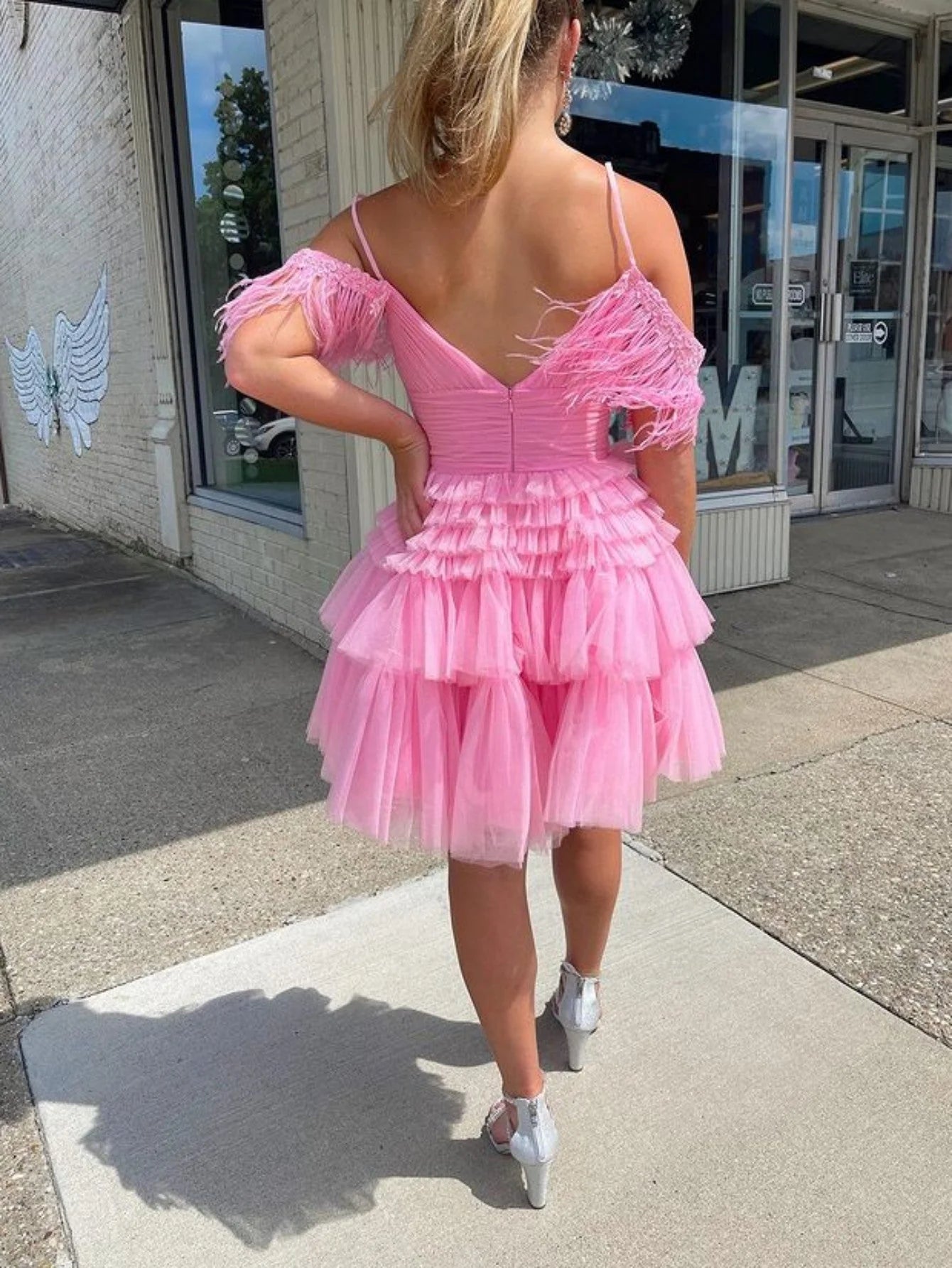 Playful A-Line Square Neck Feather Pink Mini Homecoming Dress