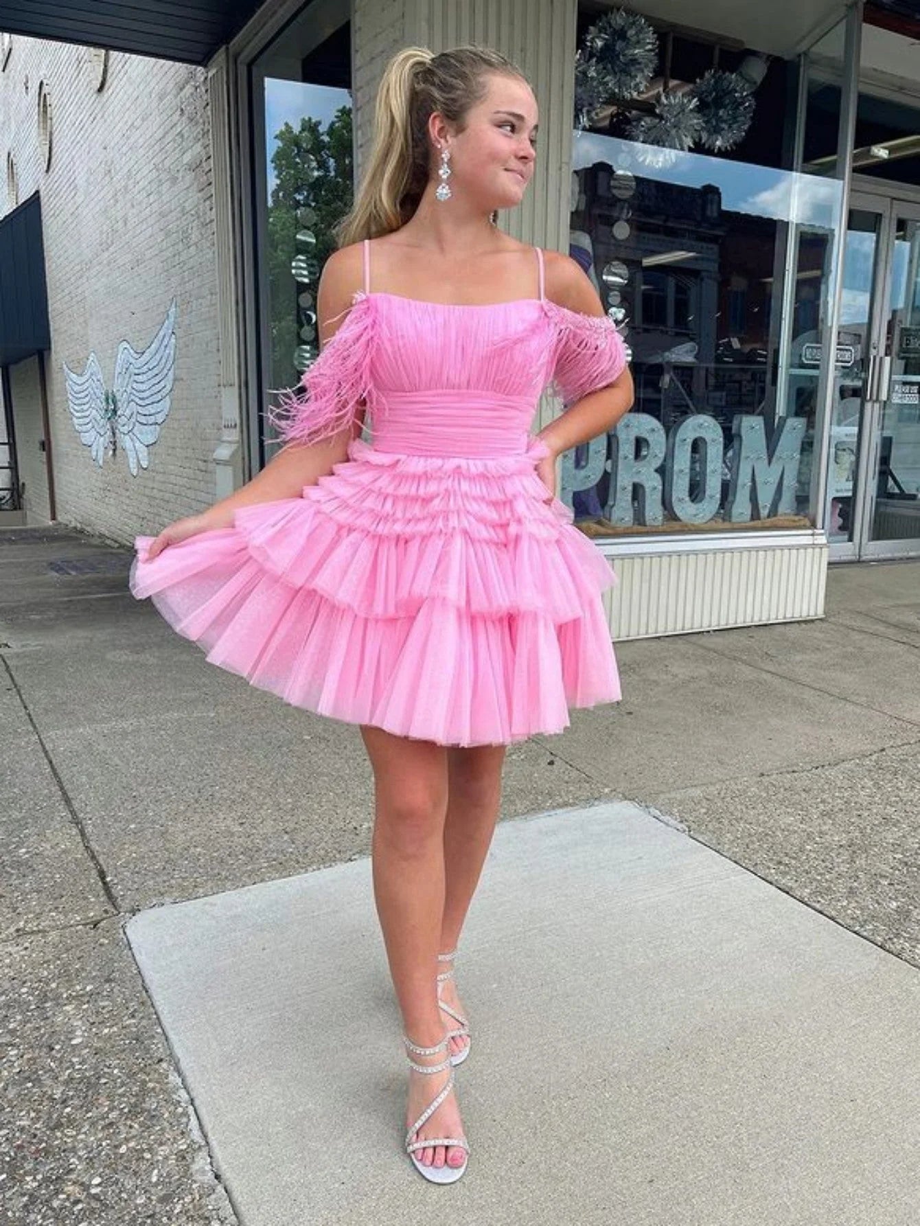 Playful A-Line Square Neck Feather Pink Mini Homecoming Dress