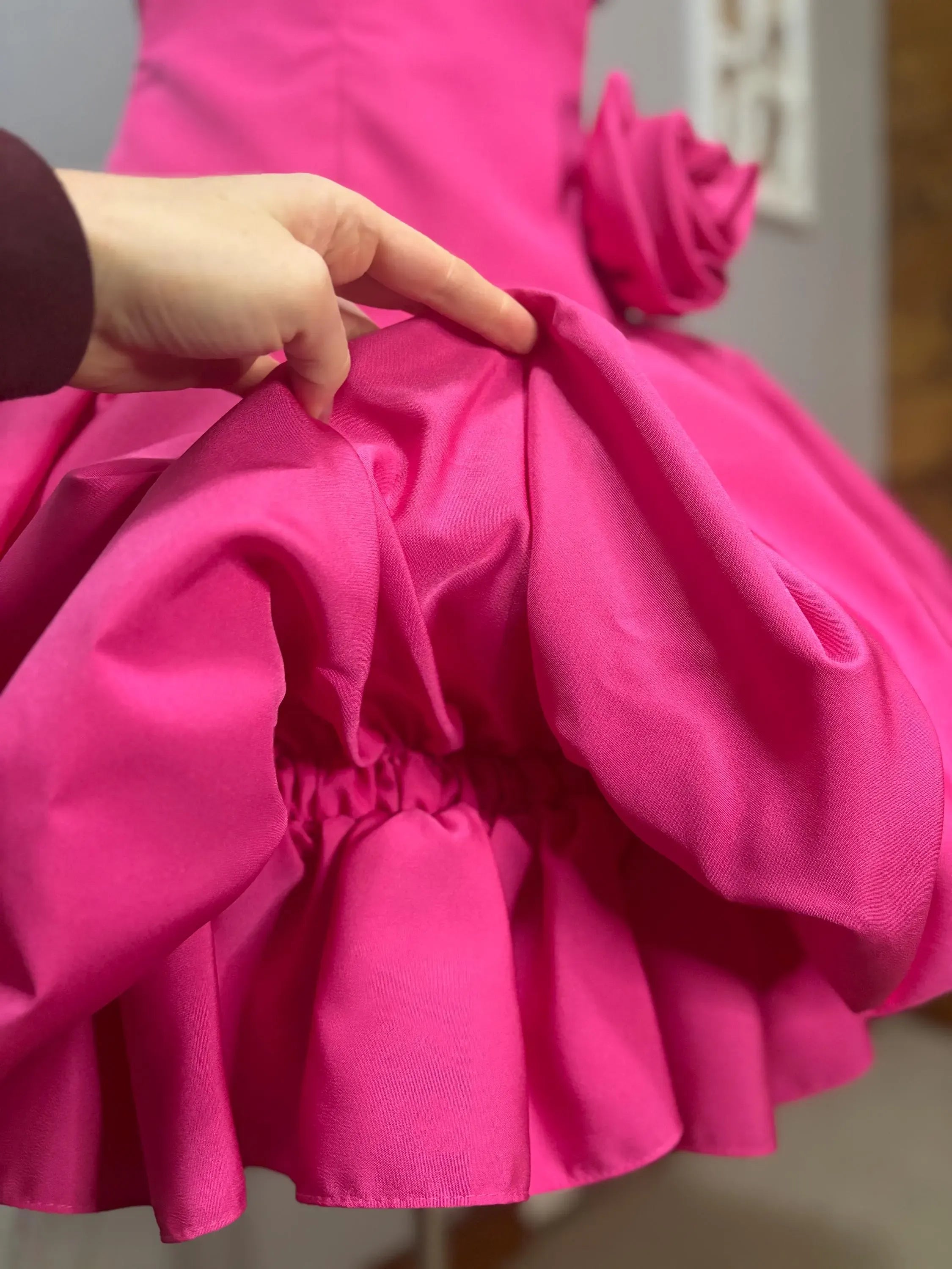 Playful A-Line V Neck Short-Sleeved Floral-Appliqued Hot Pink Mini-Length Prom Dress For Women Ready To Ship