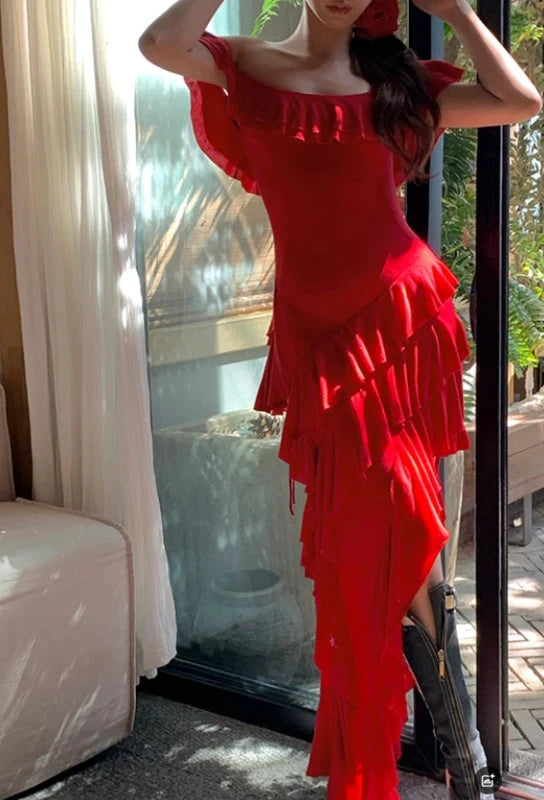 Playful Sheath Off-the-Shoulder Chiffon Red High-Low Prom Dress