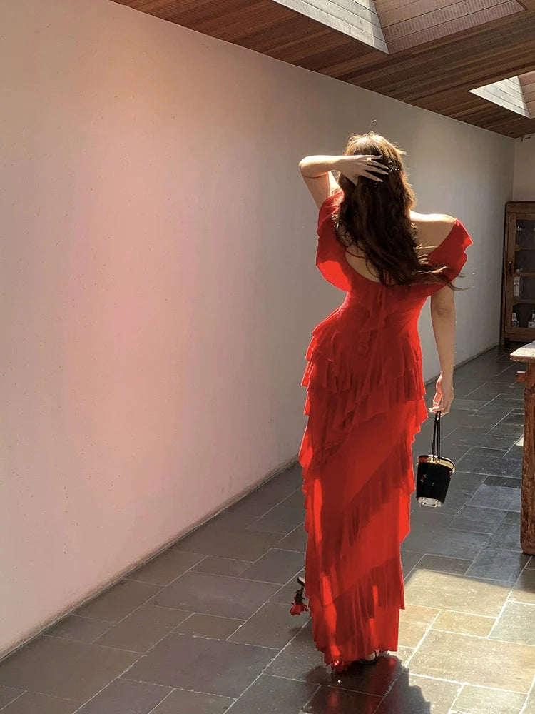 Playful Sheath Off-the-Shoulder Chiffon Red High-Low Prom Dress