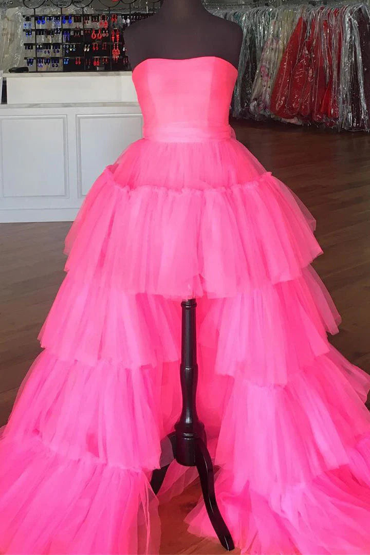 Playful Strapless Ruffled Neon Pink High-Low Party Dress