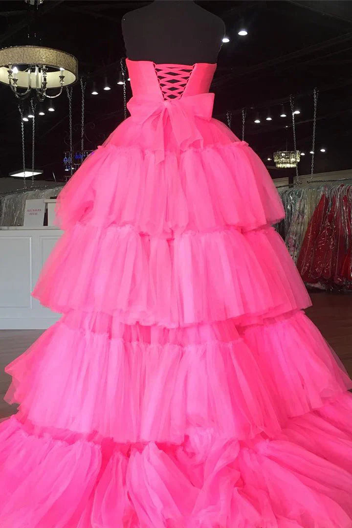 Playful Strapless Ruffled Neon Pink High-Low Party Dress