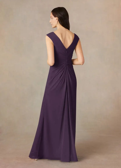 Plum A-Line V-Neck Pleated Chiffon Mother of the Bride Dress with  Sleeveless Design Ruched Waist Detailing and Side Slit