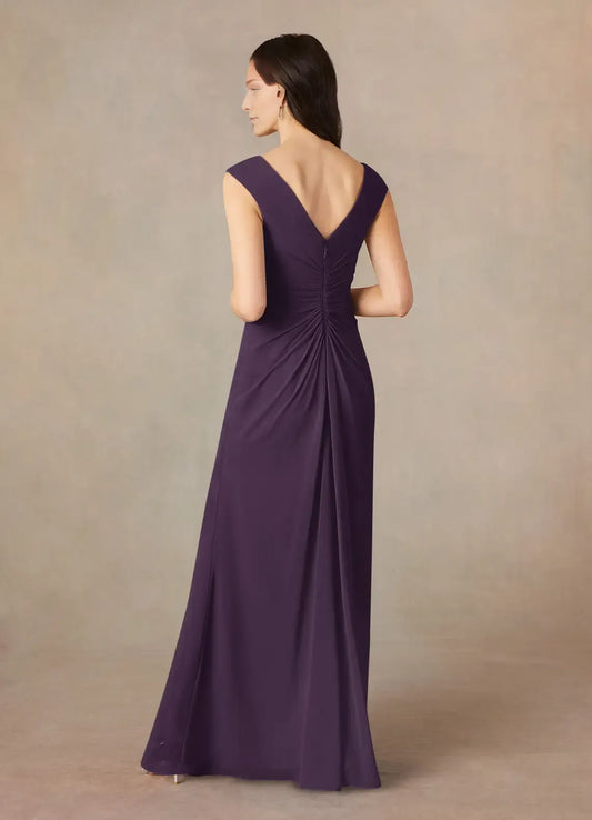 Plum A-Line V-Neck Pleated Chiffon Mother of the Bride Dress with  Sleeveless Design Ruched Waist Detailing and Side Slit