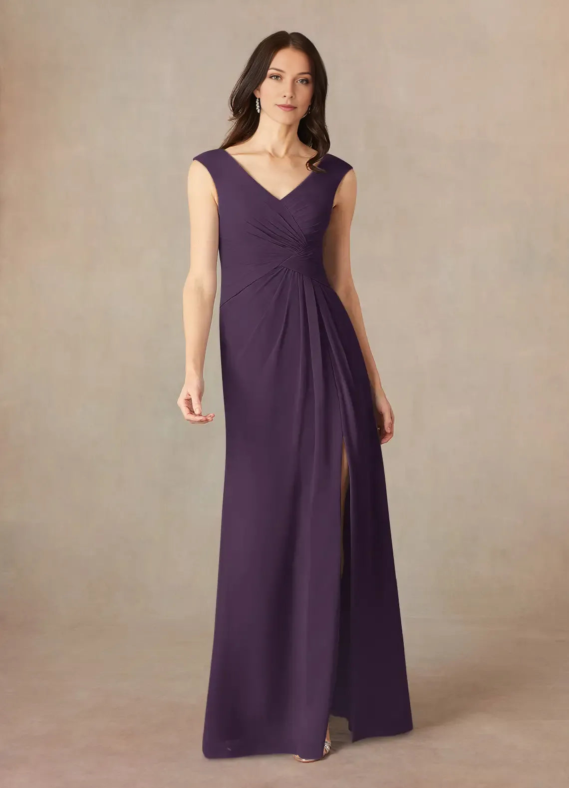 Plum A-Line V-Neck Pleated Chiffon Mother of the Bride Dress with  Sleeveless Design Ruched Waist Detailing and Side Slit
