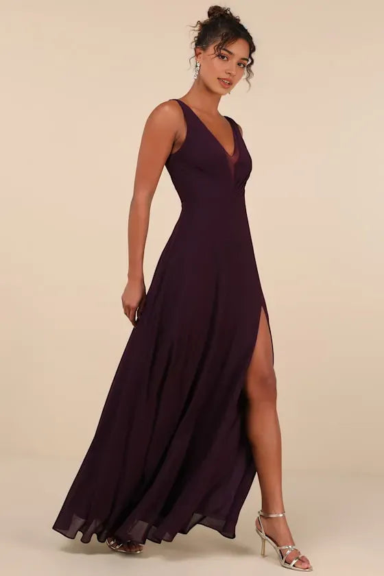 Plum Chiffon Prom Dress with Illusion Mesh V-Neck Sleeveless Design High-Thigh Slit  Flowy Floor-Length Skirt  Perfect for Formal Galas