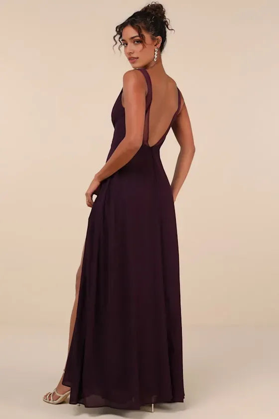 Plum Chiffon Prom Dress with Illusion Mesh V-Neck Sleeveless Design High-Thigh Slit  Flowy Floor-Length Skirt  Perfect for Formal Galas