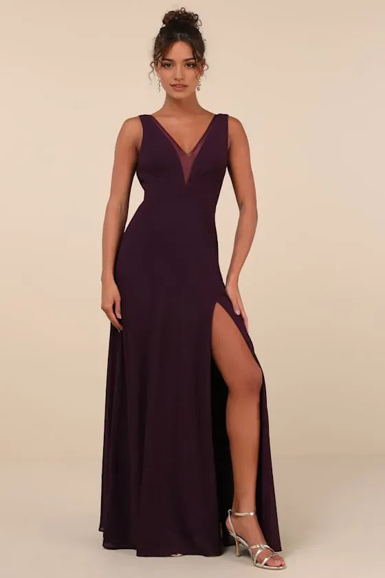 Plum Chiffon Prom Dress with Illusion Mesh V-Neck Sleeveless Design High-Thigh Slit  Flowy Floor-Length Skirt  Perfect for Formal Galas