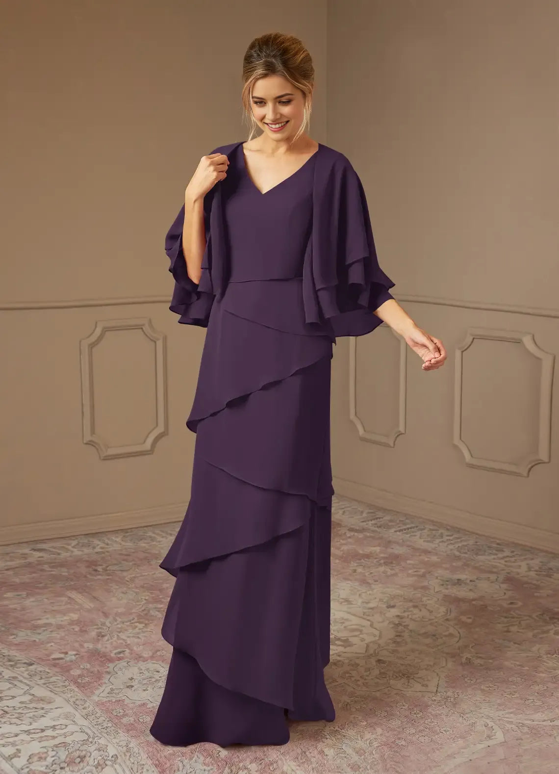 Plum Formal A-Line V-Neck Chiffon Mother of the Bride Dresses Fluttering Ruffle Sleeves and Asymmetric Ruffled Skirt