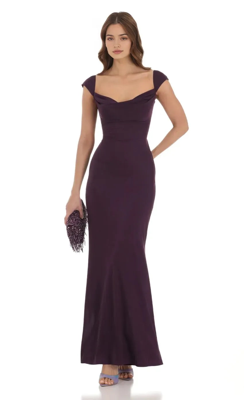 Plum Purple Off  Shoulder Prom Dress with Cowl Neckline Cap Sleeves Bodycon Fit Floor  Length Hem  A Timeless Elegance for Unforgettable