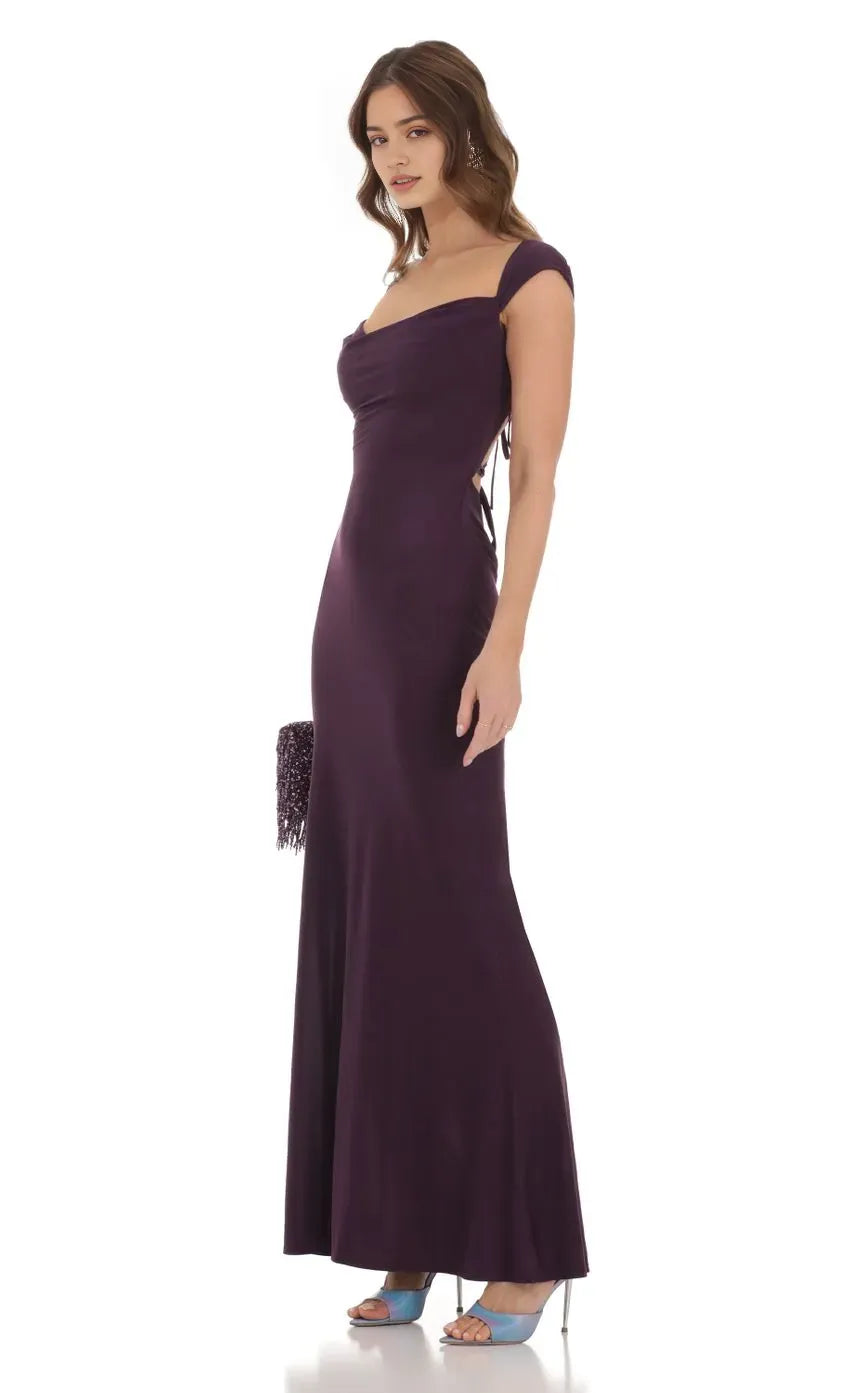 Plum Purple Off  Shoulder Prom Dress with Cowl Neckline Cap Sleeves Bodycon Fit Floor  Length Hem  A Timeless Elegance for Unforgettable