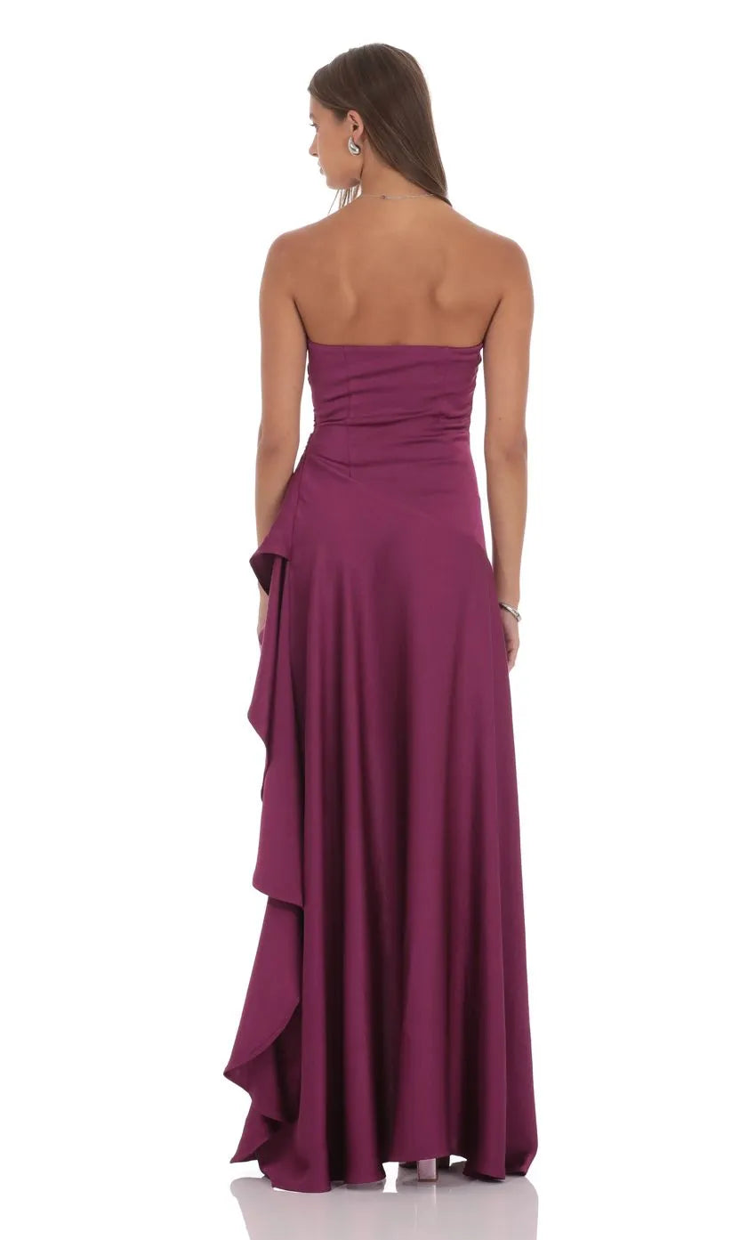 Plum Satin Strapless Prom Dress with Asymmetric Ruffle Hem Side Ruche Detail and High Low Silhouette Perfect for Formal Galas