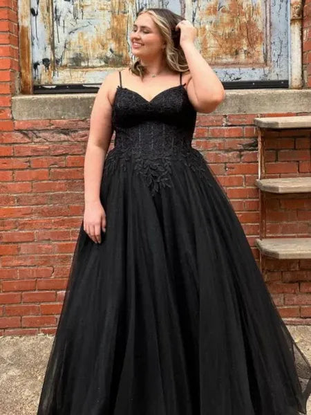Plus Size A Line V Neck Corset Lace Applique Tulle Black Long Prom Dress