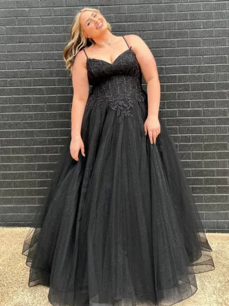 Plus Size A Line V Neck Corset Lace Applique Tulle Black Long Prom Dress