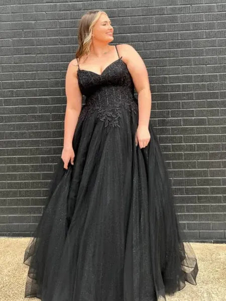 Plus Size A Line V Neck Corset Lace Applique Tulle Black Long Prom Dress