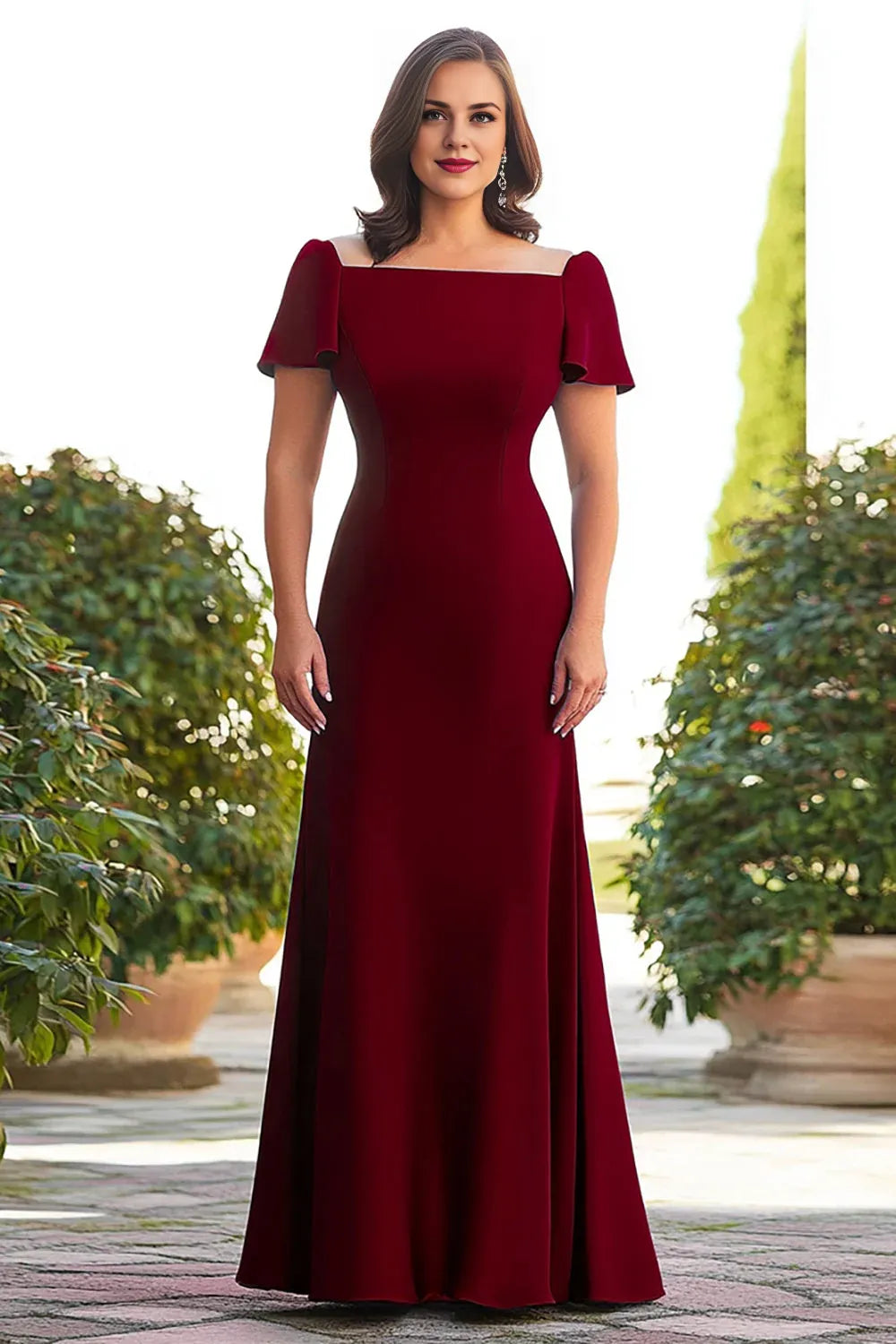 Plus Size Burgundy A Line Long Mother of the Bride Dress with Short Sleeves