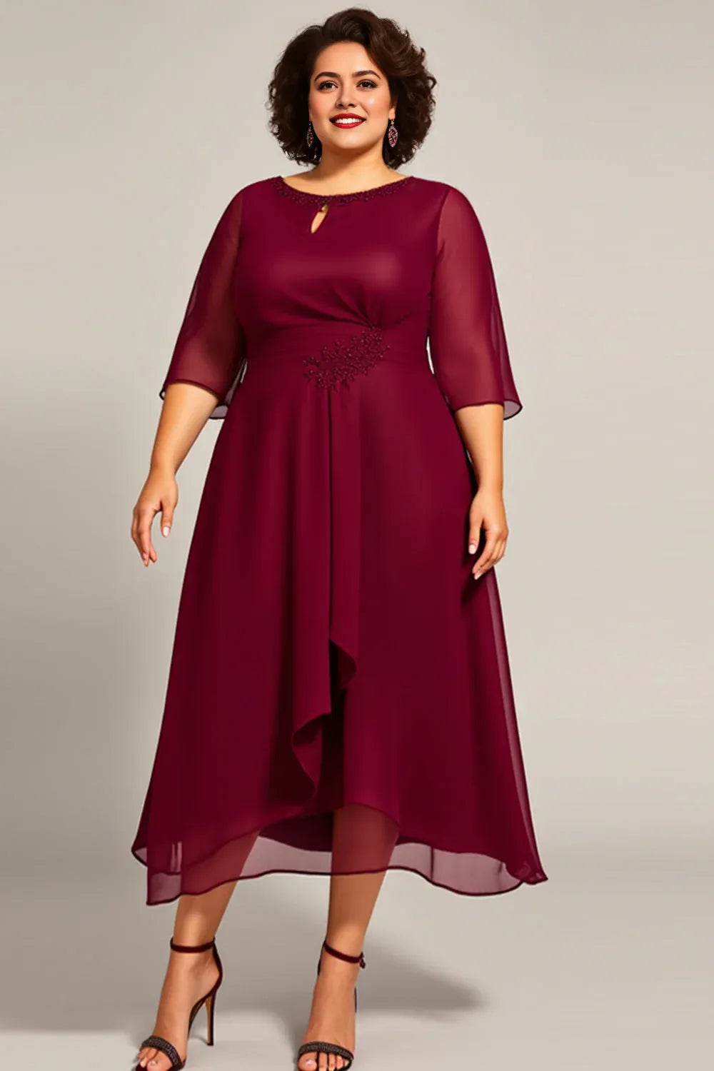 Plus Size Burgundy A Line Scoop Long Mother of the Bride Dress