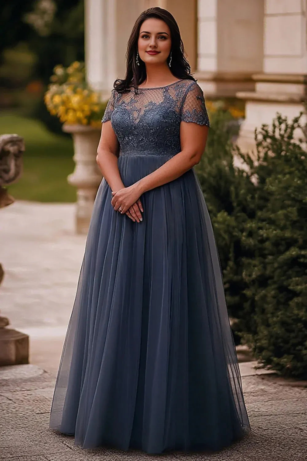 Plus Size Grey Blue Long Tulle Mother of the Bride Dress