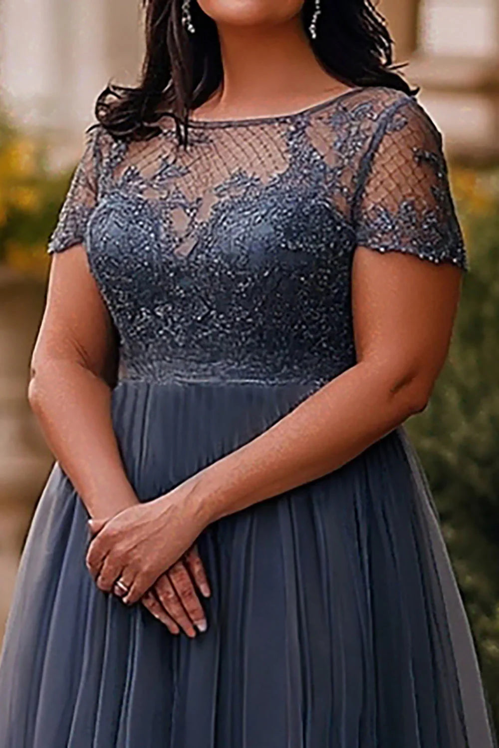 Plus Size Grey Blue Long Tulle Mother of the Bride Dress