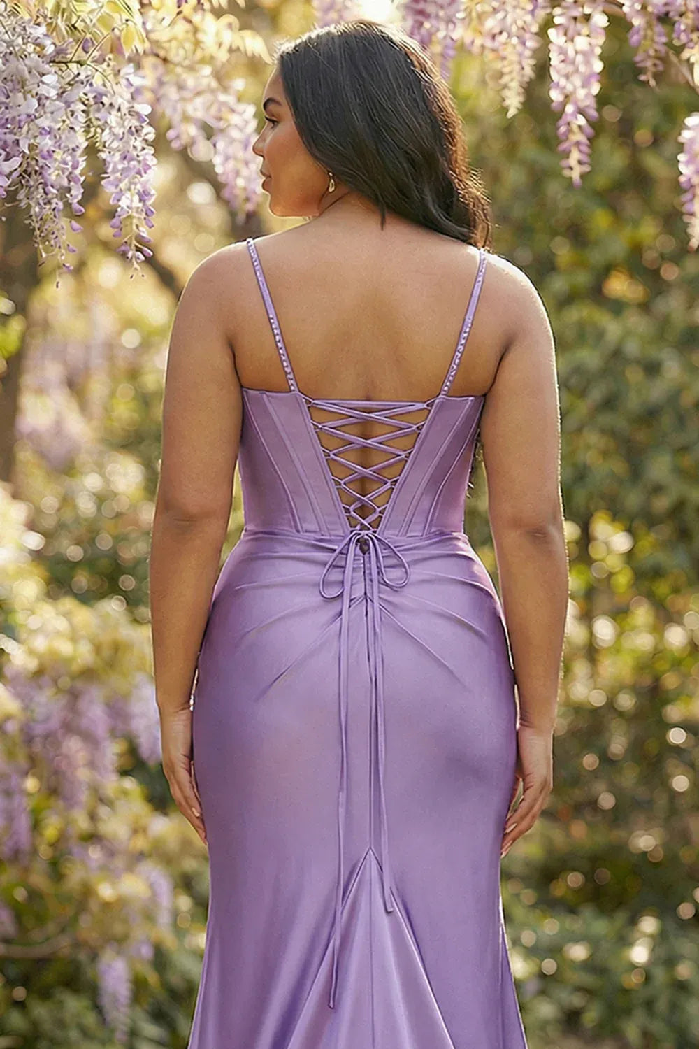 Plus Size Mermaid Spaghetti Straps Corset Beaded Pleated Slit Lavender Prom Dress