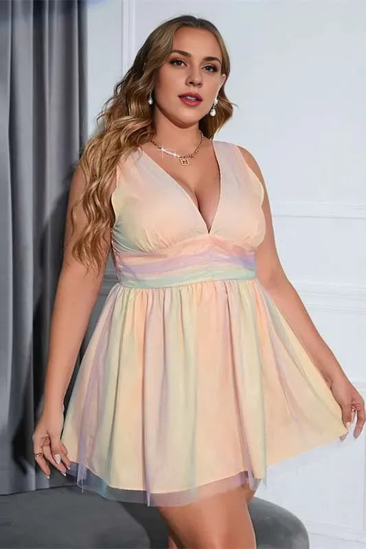 Plus Size Rainbow Color V-Neck A-Line Party Dress