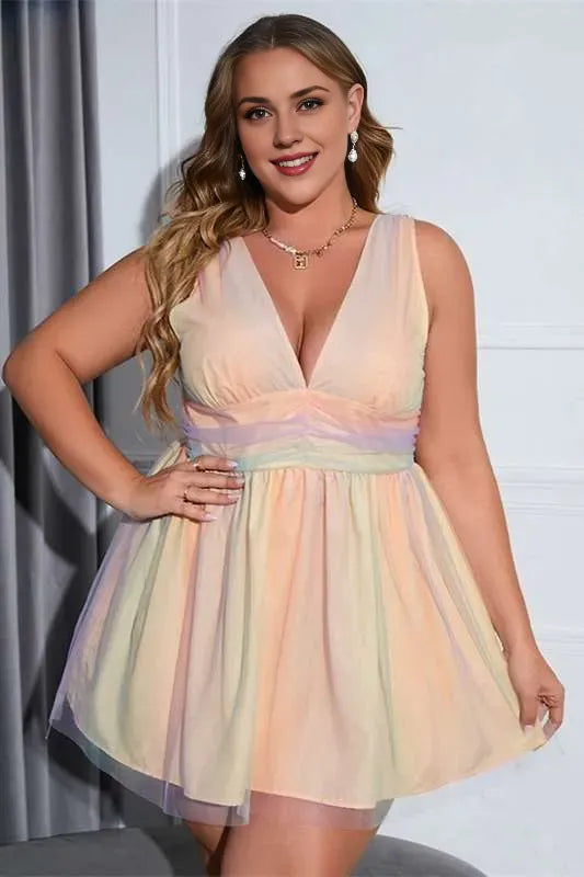 Plus Size Rainbow Color V-Neck A-Line Party Dress