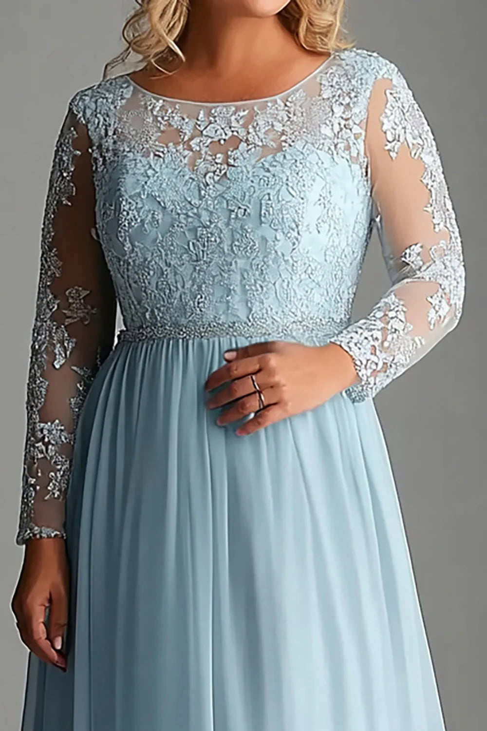 Plus Size Sky Blue Long Sleeves Long Mother of the Bride Dress with Appliques ﻿