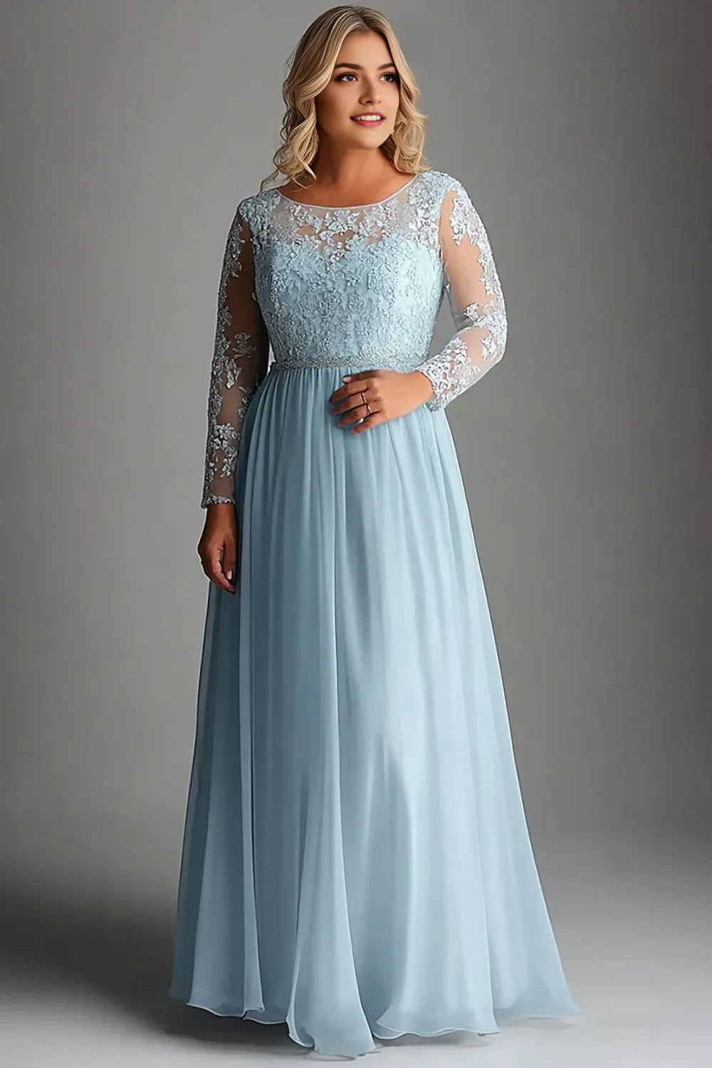 Plus Size Sky Blue Long Sleeves Long Mother of the Bride Dress with Appliques ﻿