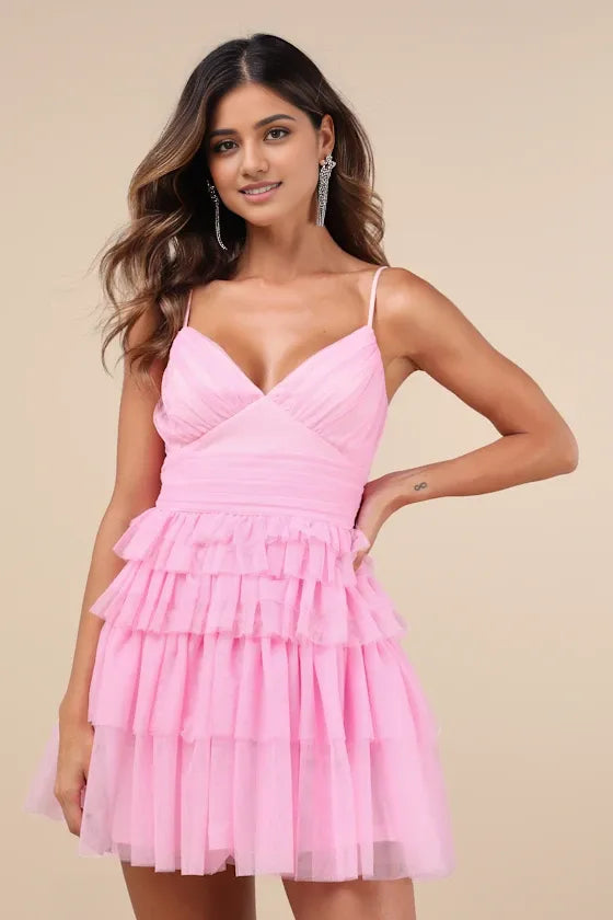 Poise Pink Tulle Pleated Sleeveless Tiered Homecoming Dresses
