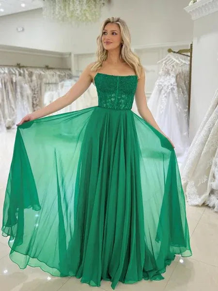 Pretty A-Line Strapless Lace Chiffon Emerald Green Floor Length Prom Dress