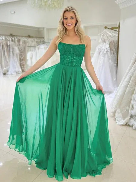 Pretty A-Line Strapless Lace Chiffon Emerald Green Floor Length Prom Dress