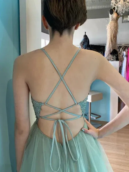 Pretty A-Line V Neck Lace Applique Backless Tulle Sage Prom Dress With Train