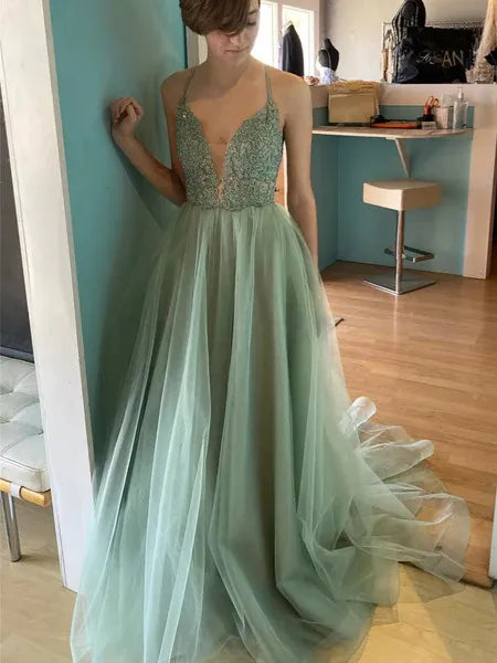 Pretty A-Line V Neck Lace Applique Backless Tulle Sage Prom Dress With Train