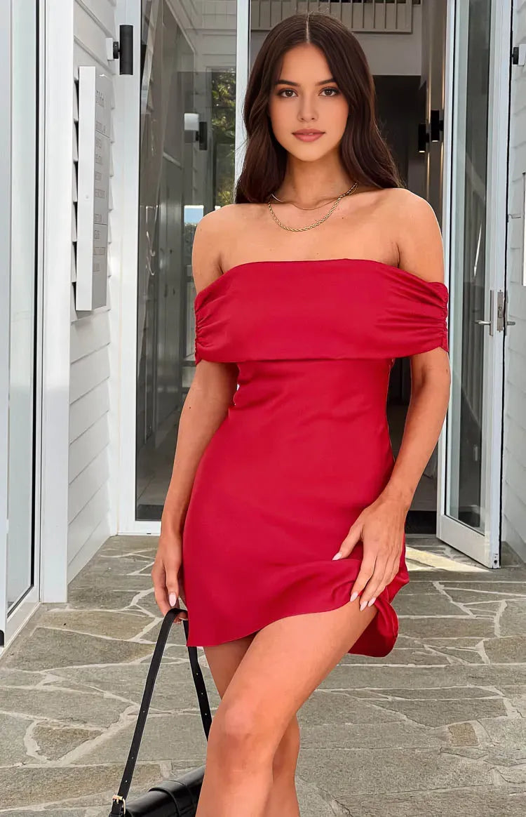 Primrose Red Satin Off the Shoulde Homecoming Dresses Elegant Red Satin Homecoming Dress Off Shoulder Design, Ruched Bust Bodycon&nbsp;