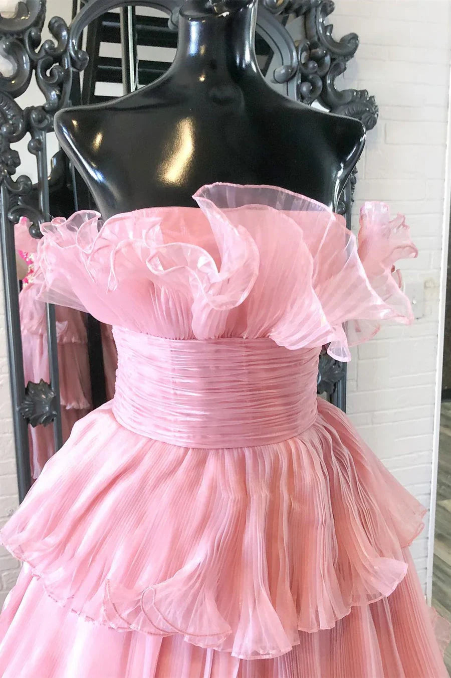 DingJiDress Tulle Layers Ruffles Long Prom Dress A Line Strapless Princess