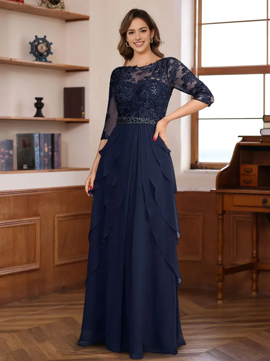 Princess 3/4 Sleeves Floor-Length Elegant Mother of the Bride Groom Dresses with Lace Appliques Ruffles