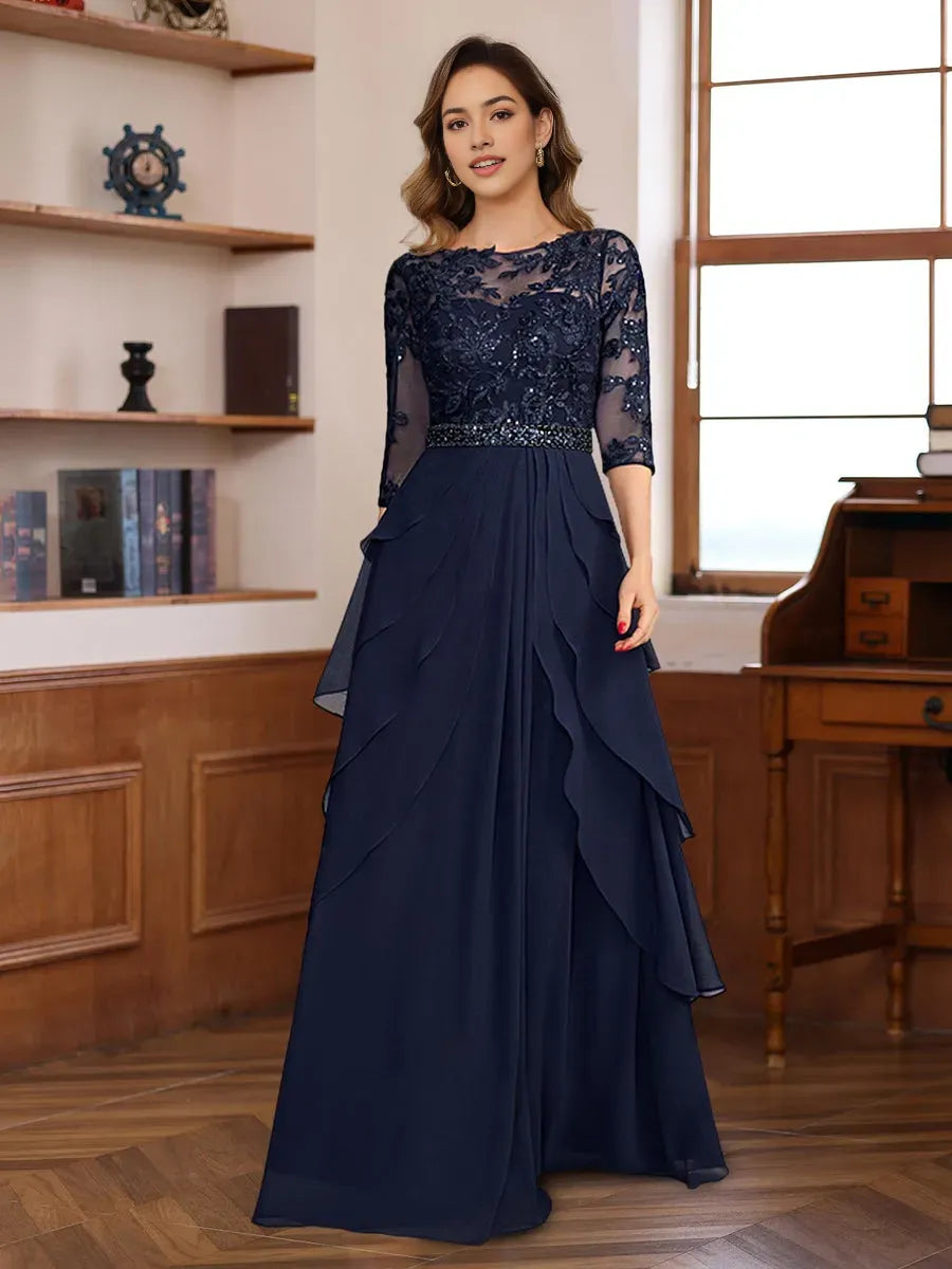 Princess 3/4 Sleeves Floor-Length Elegant Mother of the Bride Groom Dresses with Lace Appliques Ruffles