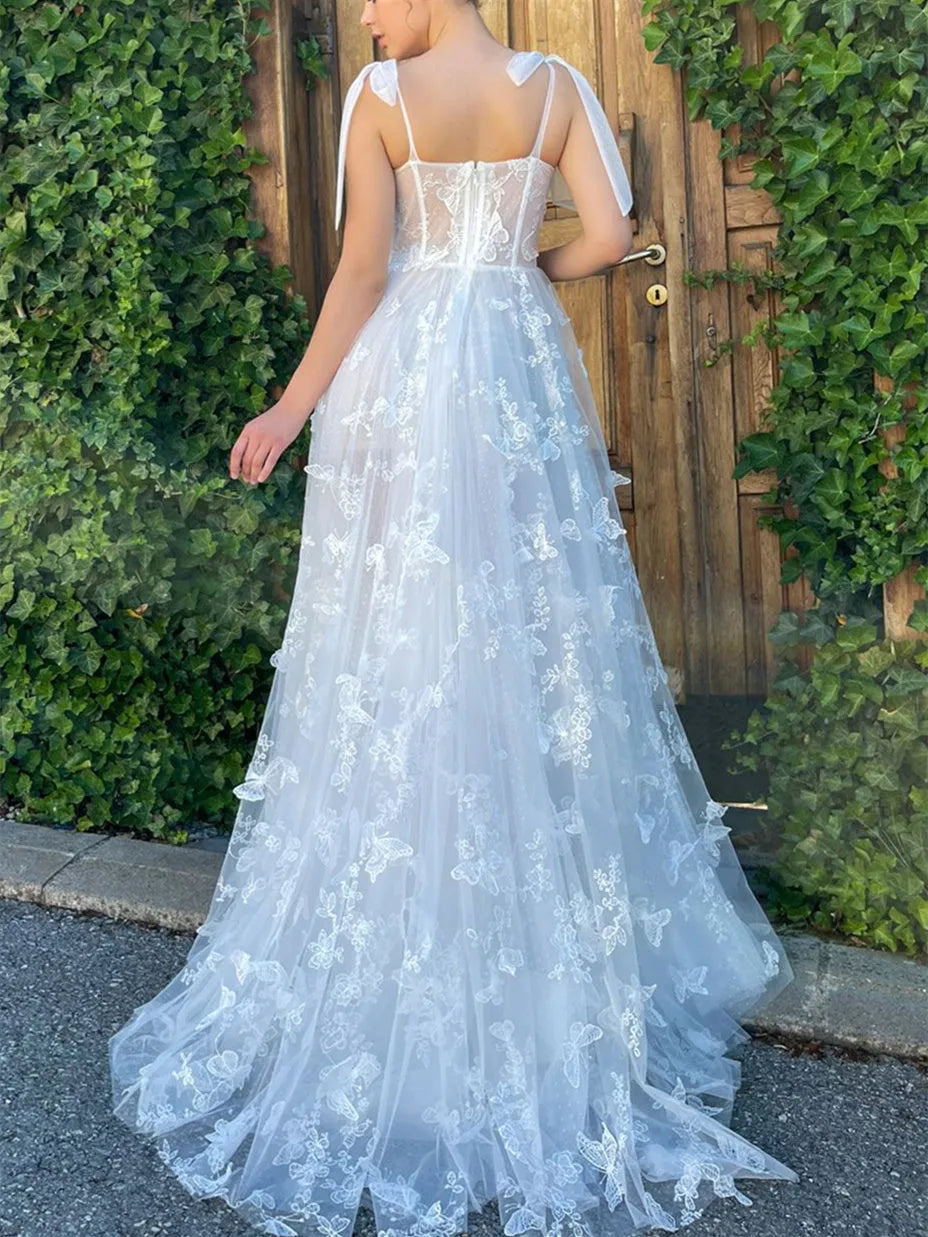 Princess Bow knot Straps Sleeveless Floor-length Formal Prom Dresses with Butterfly