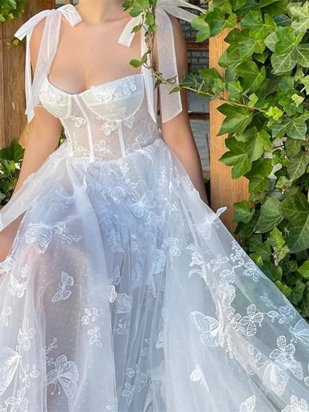 Princess Bow knot Straps Sleeveless Floor-length Formal Prom Dresses with Butterfly