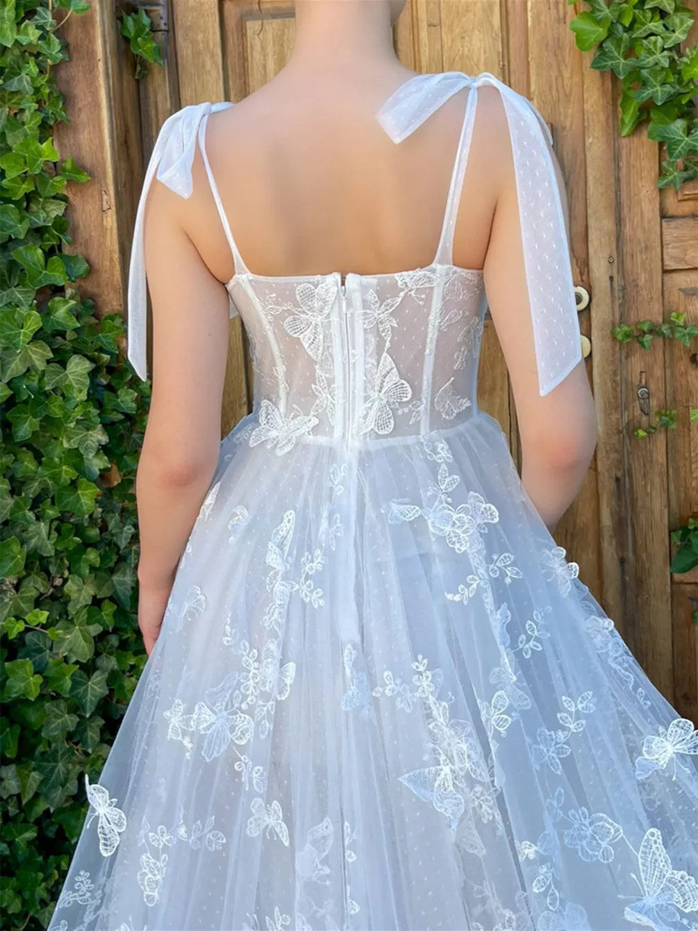 Princess Bow knot Straps Sleeveless Floor-length Formal Prom Dresses with Butterfly