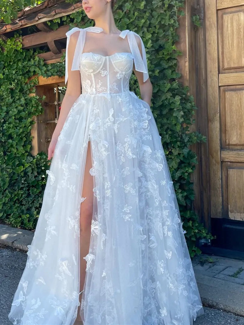 Princess Bow knot Straps Sleeveless Floor-length Formal Prom Dresses with Butterfly