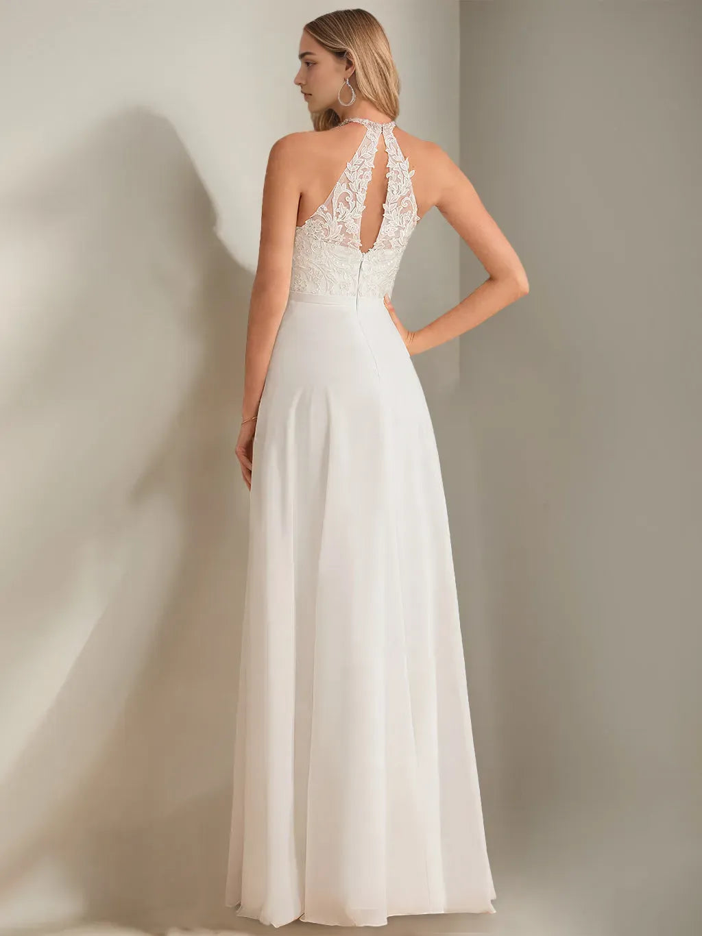 Princess Halter Neck Sleeveless Floor-Length Wedding Dress with Lace Appliques