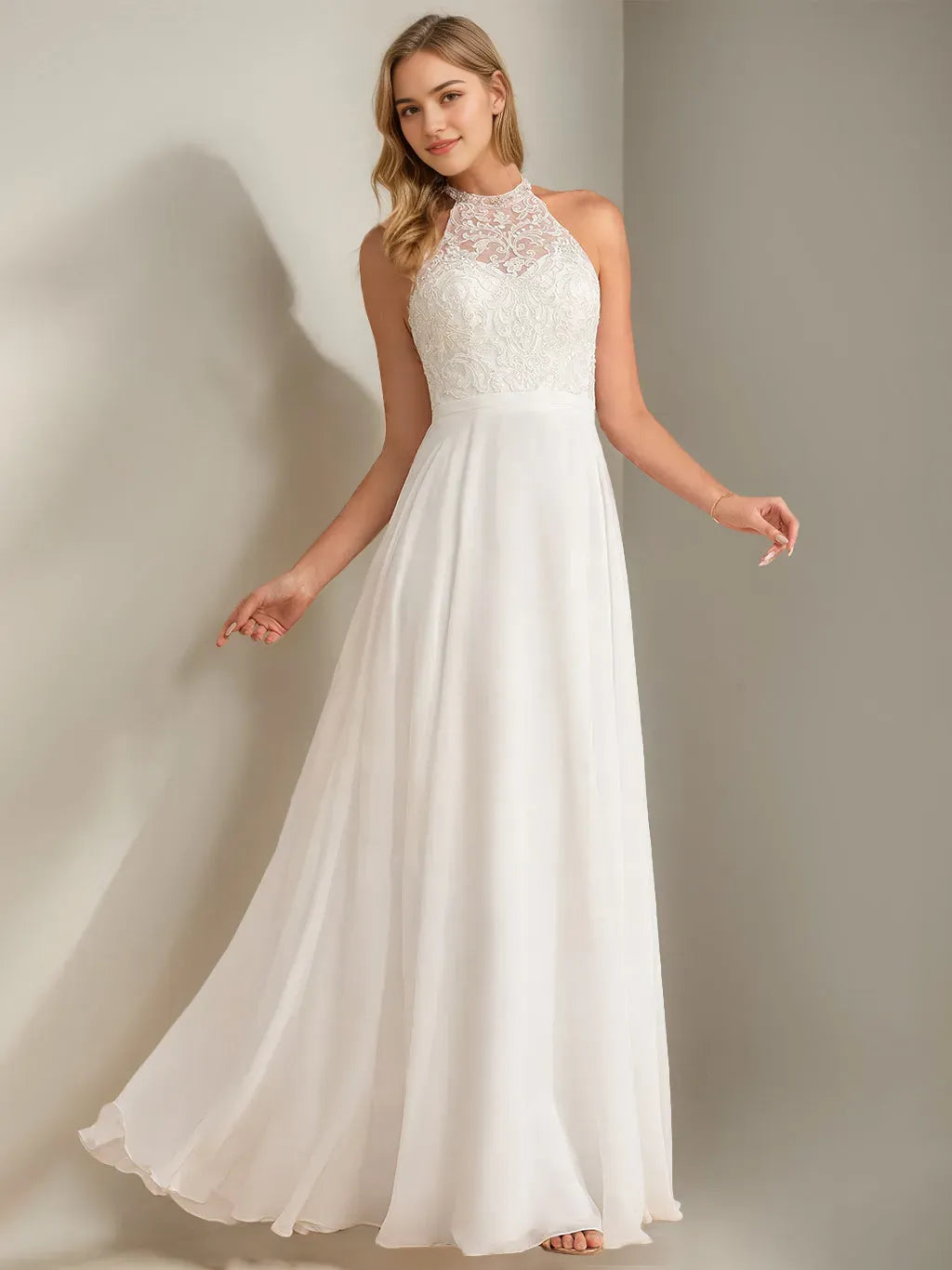Princess Halter Neck Sleeveless Floor-Length Wedding Dress with Lace Appliques