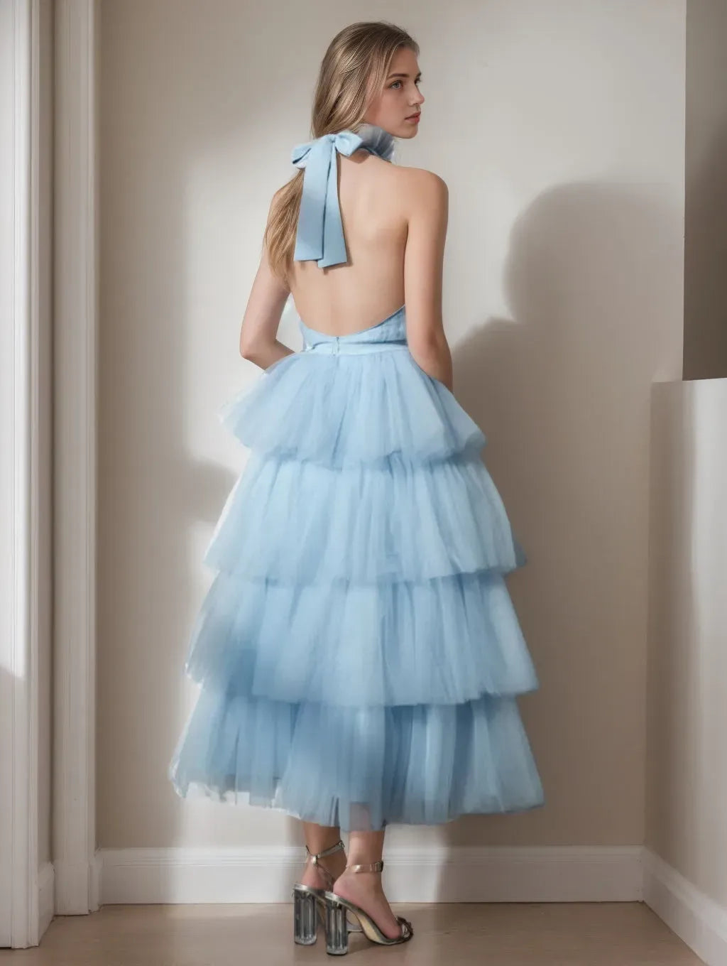 Princess Halter Neck Sleeveless Tea-Length Prom Cocktail Dresses with Lace