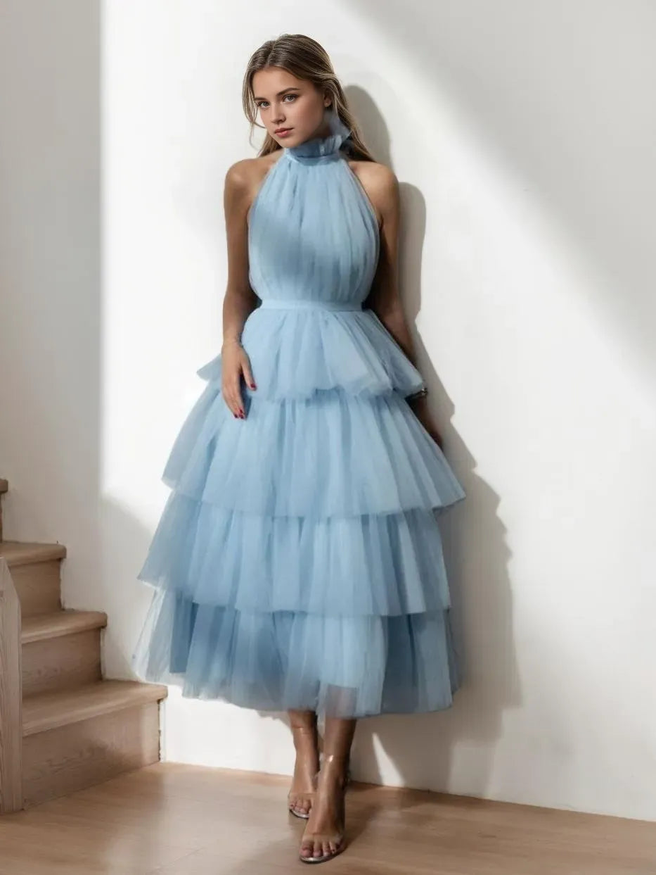 Princess Halter Neck Sleeveless Tea-Length Prom Cocktail Dresses with Lace